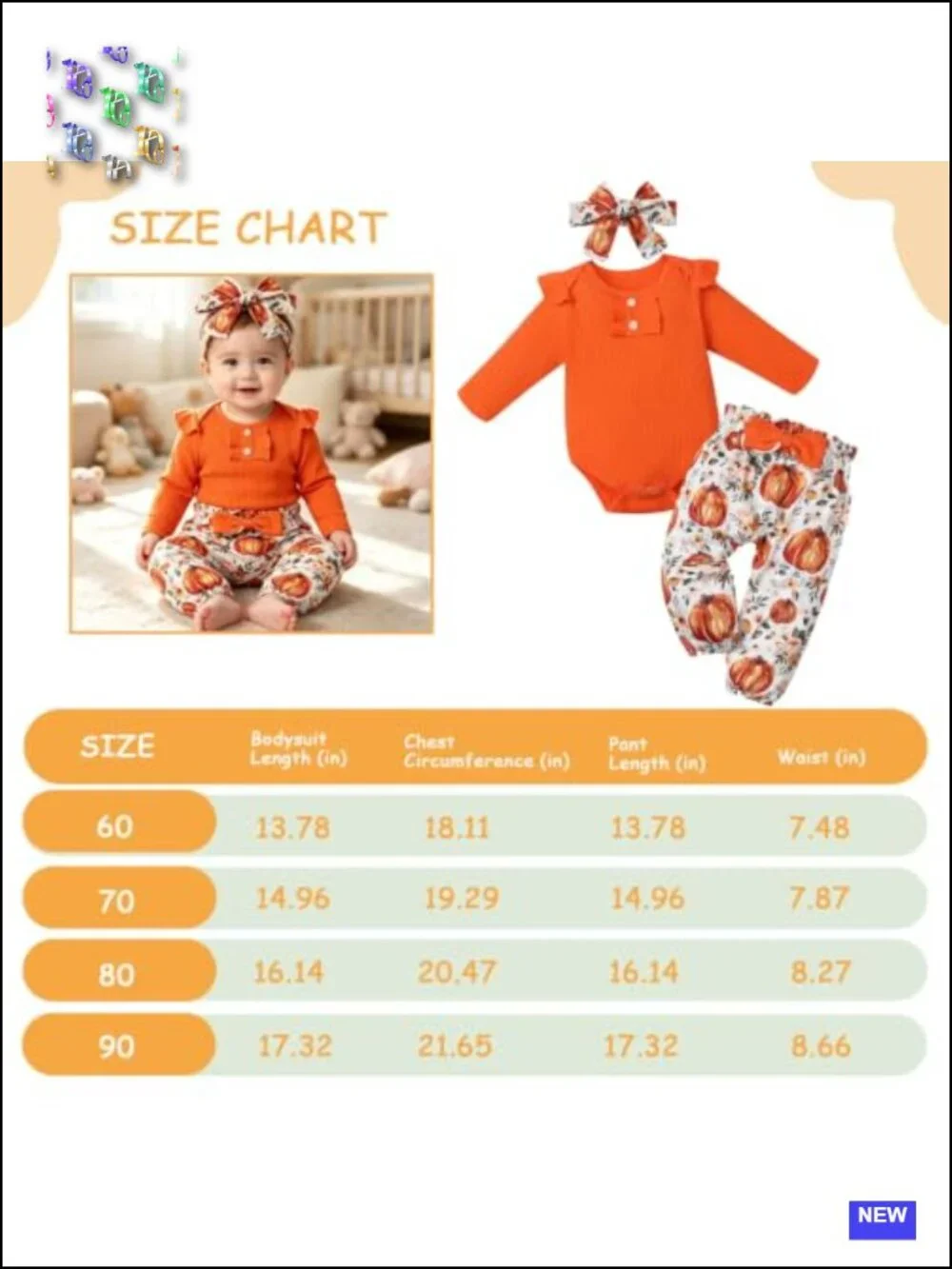 Baby Girl Halloween Pumpkin Bell Bottom Outfit 3-Piece Cotton Romper
